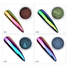Bright, holographic nail polish and pigment powders in bold colors, perfect for creative nail art and beauty.