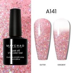 Bright pink glitter and gradient gel nail polish for a glamorous look. Perfect for special occasions and stylish nails.