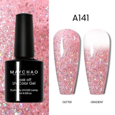 Bright pink glitter and gradient gel nail polish for a glamorous look. Perfect for special occasions and stylish nails.