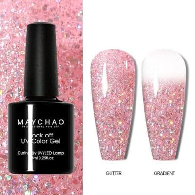 High-shine pink glitter gel nail polish with UV/LED curing for durable, glamorous nails. Perfect for stylish, long-lasting manicure designs at Monalisa Store.