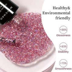Vibrant pink glitter nail polish with eco-friendly and healthy formula, ideal for creating stunning nail art. Made for those seeking beautiful, environmentally conscious cosmetic options.