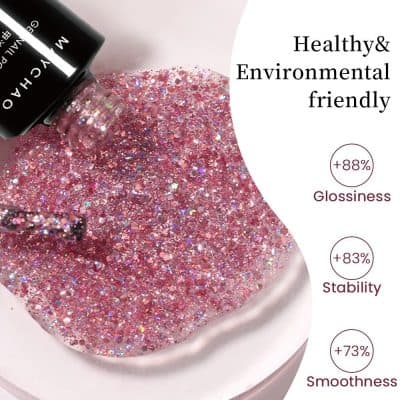 Vibrant pink glitter nail polish with eco-friendly and healthy formula, ideal for creating stunning nail art. Made for those seeking beautiful, environmentally conscious cosmetic options.
