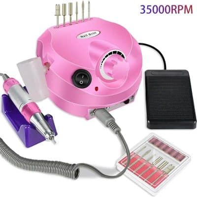 Nail drill machine for professional and home use, featuring high-speed motor (35000 RPM), versatile drill bits, and foot pedal control for precision manicures and pedicures.