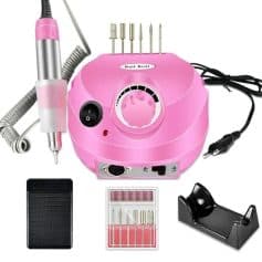 High-quality pink nail drill for professional manicure and pedicure, featuring multiple drill bits, foot pedal, and adjustable speed control for precise nail care.