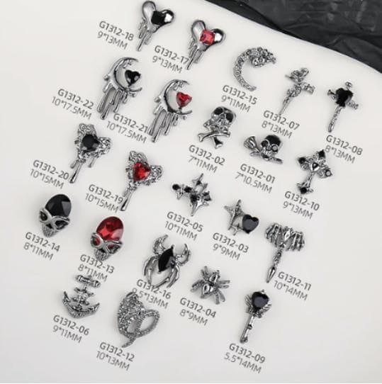 Enhance your nail art collection with these fashionable nail charms featuring silver, black, and red designs. Suitable for creating eye-catching nail decorations, suitable for professional salons or at-home manicures.