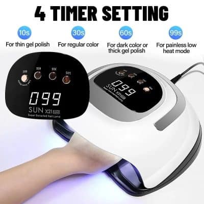 Nail lamp with adjustable timer for gel polish and LED nails. Perfect for professional salons or home use with quick, easy settings to suit various nail treatments.