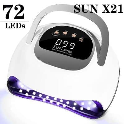 High-tech LED nail lamp with 72 UV/LED lights, digital display, and multiple timer settings for professional gel manicures and pedicures.
