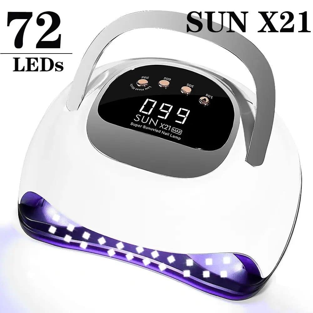 High-tech LED nail lamp with 72 UV/LED lights, digital display, and multiple timer settings for professional gel manicures and pedicures.
