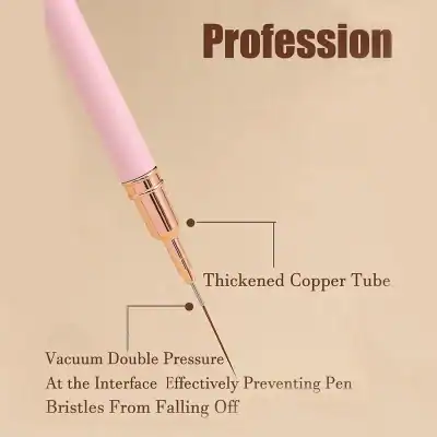 Enhanced image of a professional beauty pen used for eyelash extensions, featuring a thickened copper tube and vacuum double pressure technology to prevent pen bristles from falling off.