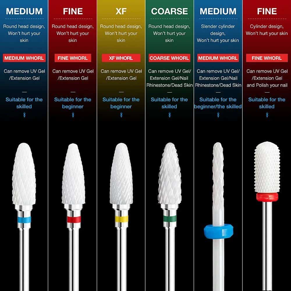 High-quality nail drill bits for gel, acrylic, and nail extension removal.