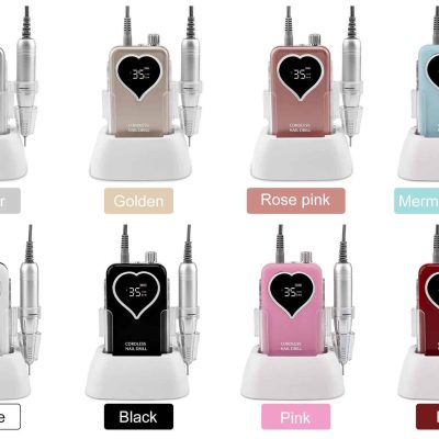 High-quality cordless nail drill for manicures and pedicures, available in silver, gold, rose pink, mermaid blue, white, black, pink, and red, with adjustable speed and LED display.