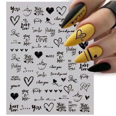 Nail decals with hearts, love messages, and motivational quotes for stylish nail designs and manicures. Perfect for adding a romantic and trendy touch to your nails.