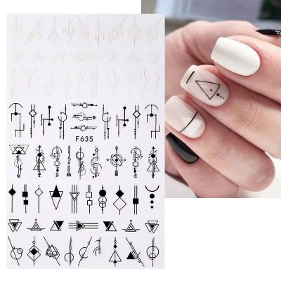 Stylish geometric nail tattoo stickers for modern nail designs and artistic manicure ideas. Perfect for creating unique, trendy nail art with your favorite symbols and abstract patterns.