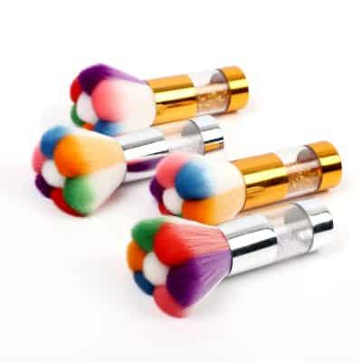 Bright, multi-color makeup brushes with fluffy bristles and metallic handles, perfect for cosmetics application. Ideal for professional and personal makeup use, enhancing your beauty routine.