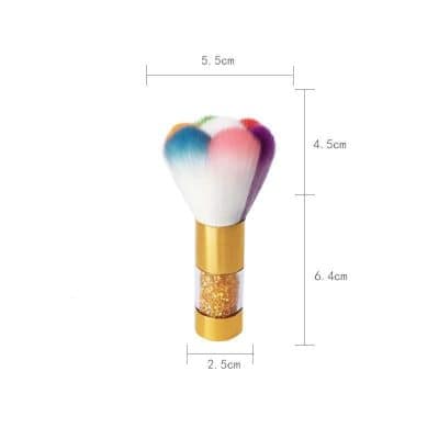 Bright multicolor makeup brush with soft, rainbow-tipped bristles and gold-accented handle for professional beauty application.