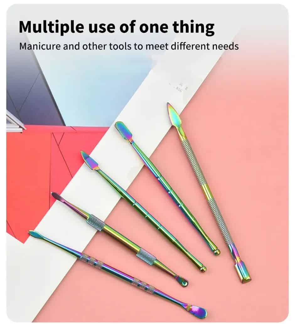 Vibrant, rainbow-colored manicure and beauty tools displayed on pink and white backgrounds, ideal for nail art, manicures, and beauty salons.