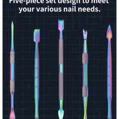 Colorful stainless steel nail art tools for various nail designs, cuticle removal, and precise shaping.