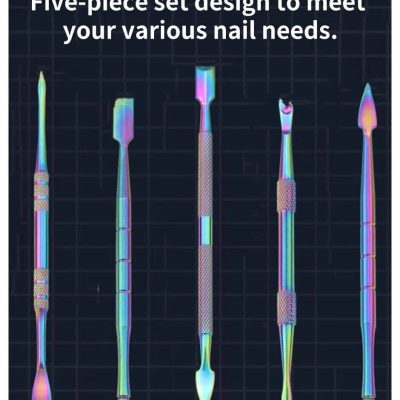Colorful stainless steel nail art tools for various nail designs, cuticle removal, and precise shaping.