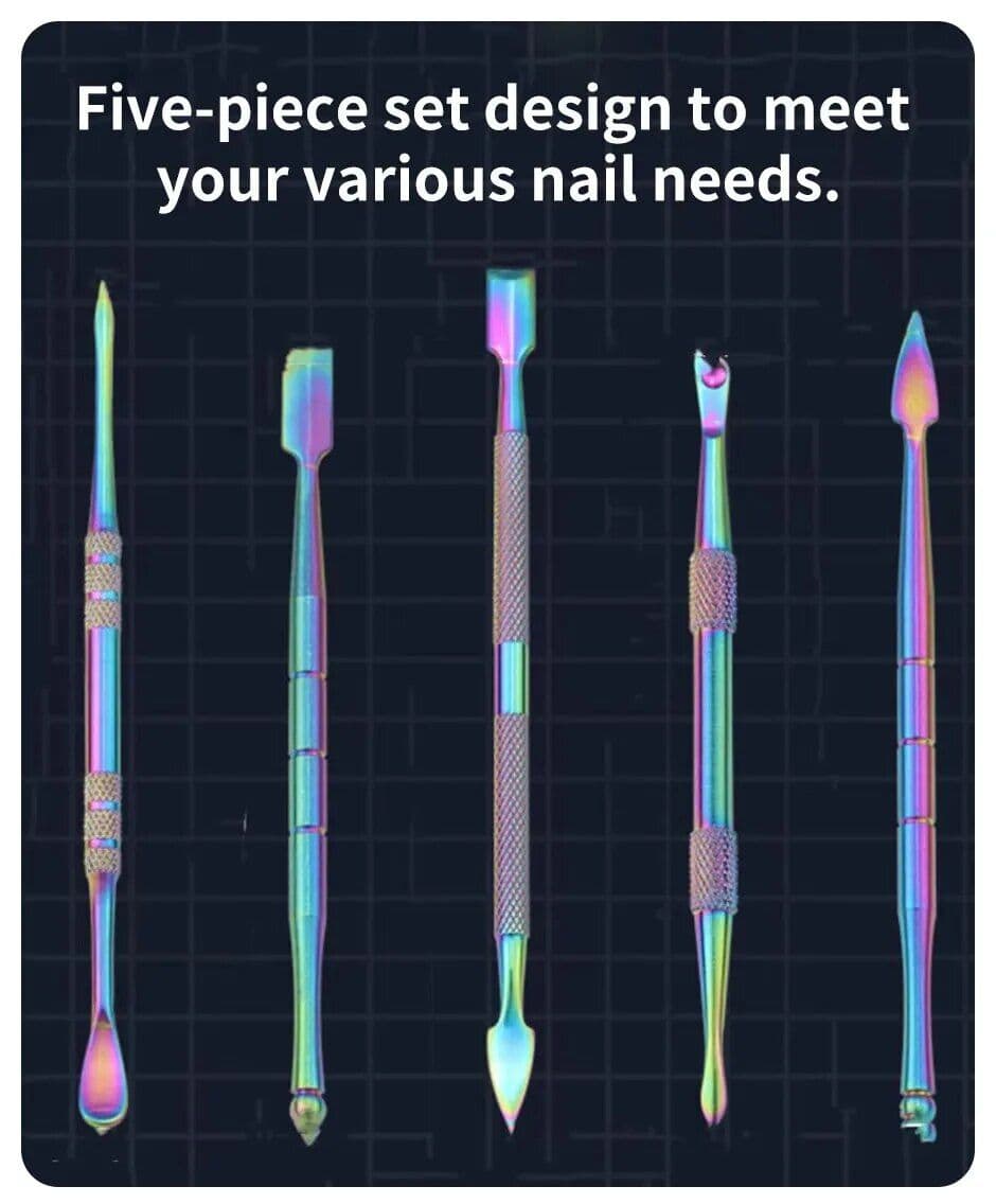 Colorful stainless steel nail art tools for various nail designs, cuticle removal, and precise shaping.