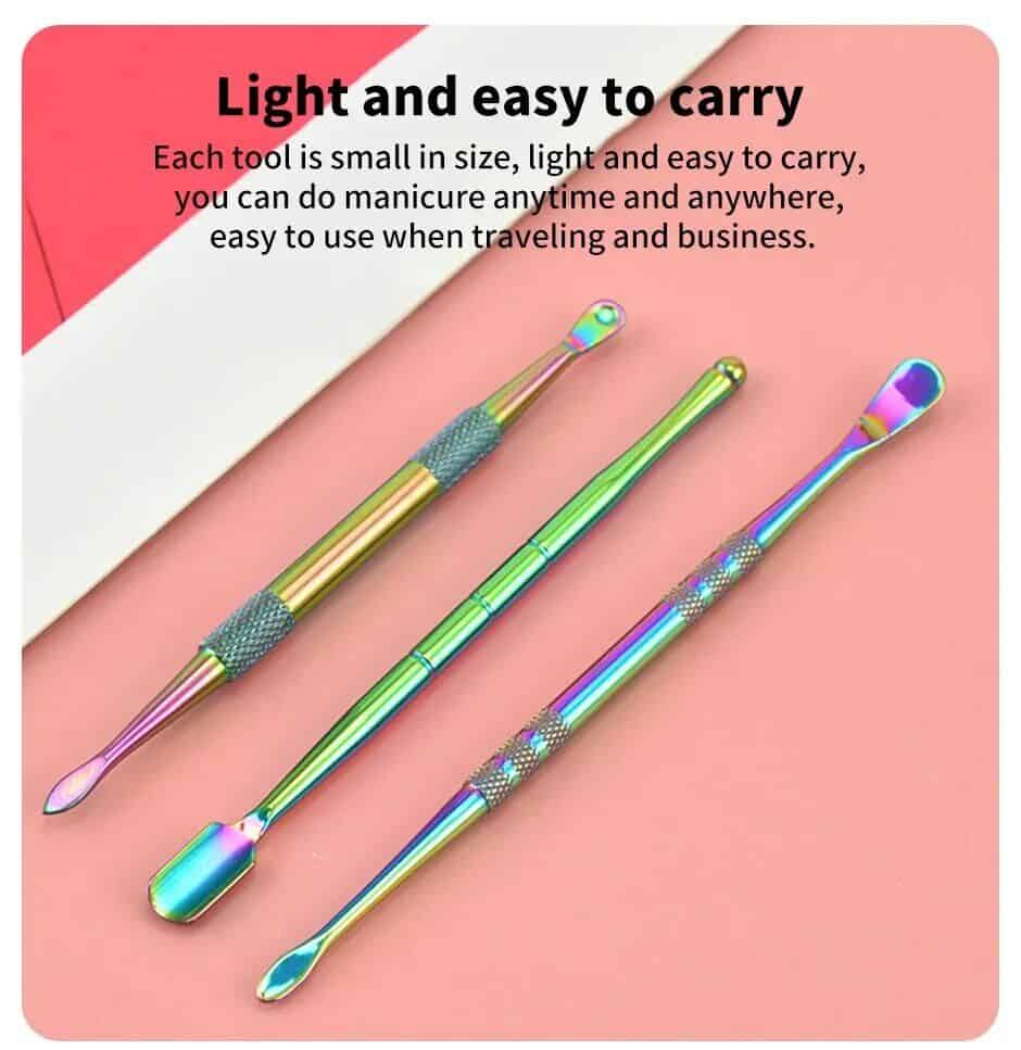Colorful, lightweight manicure tools for easy travel, ideal for professional and personal nail care. Perfect for quick, efficient manicures anytime, anywhere.