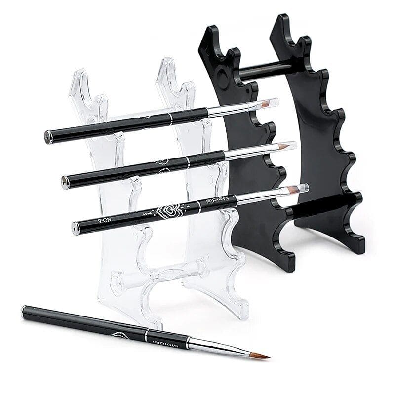 Elegant acrylic and black display stand for optical frames and lenses.
