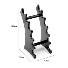 Black eyewear display rack with adjustable arms for glasses organization and showcasing. Compact design enhances camera and lens presentation, ideal for optical stores and display setups.