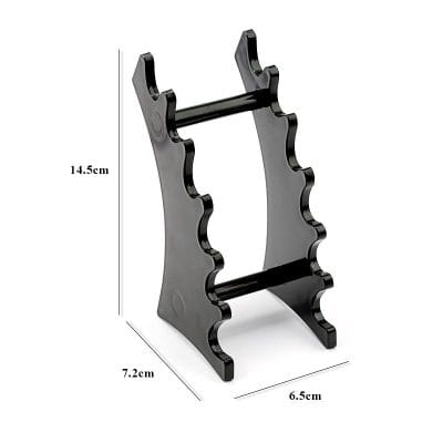 Black eyewear display rack with adjustable arms for glasses organization and showcasing. Compact design enhances camera and lens presentation, ideal for optical stores and display setups.