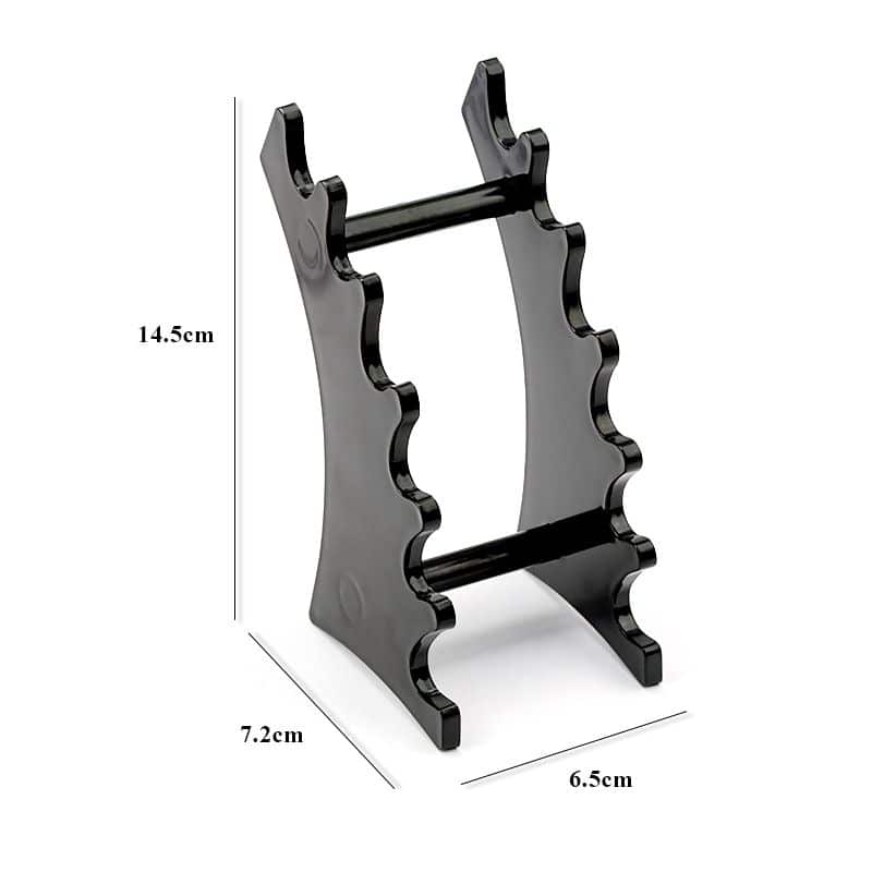 Black eyewear display rack with adjustable arms for glasses organization and showcasing. Compact design enhances camera and lens presentation, ideal for optical stores and display setups.
