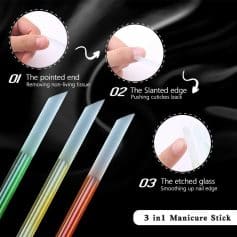 Precision manicure stick for nail care and cuticle removal with slanted edge and etched glass.
