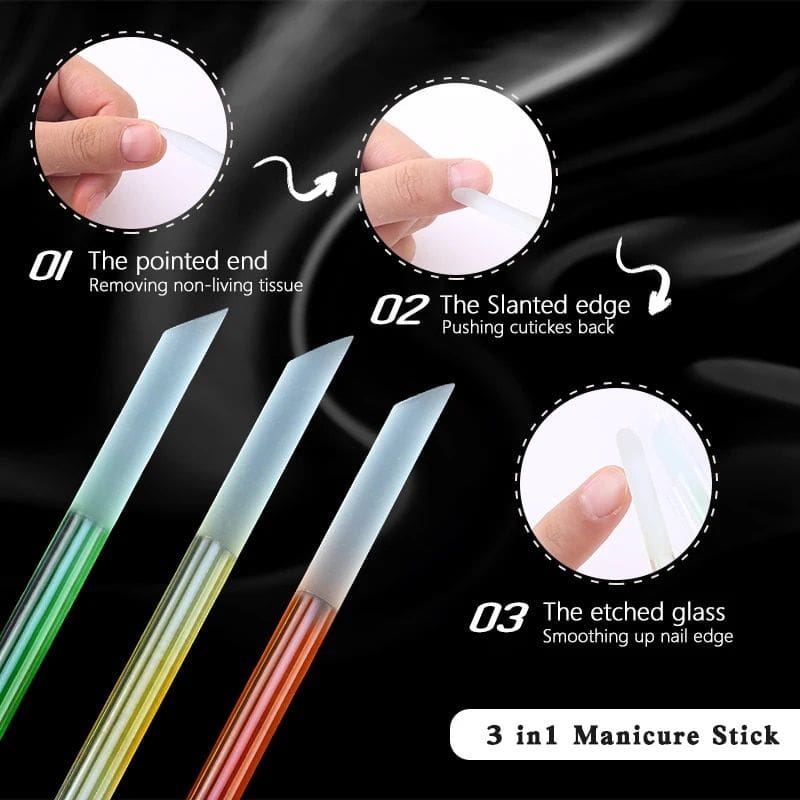 Precision manicure stick for nail care and cuticle removal with slanted edge and etched glass.