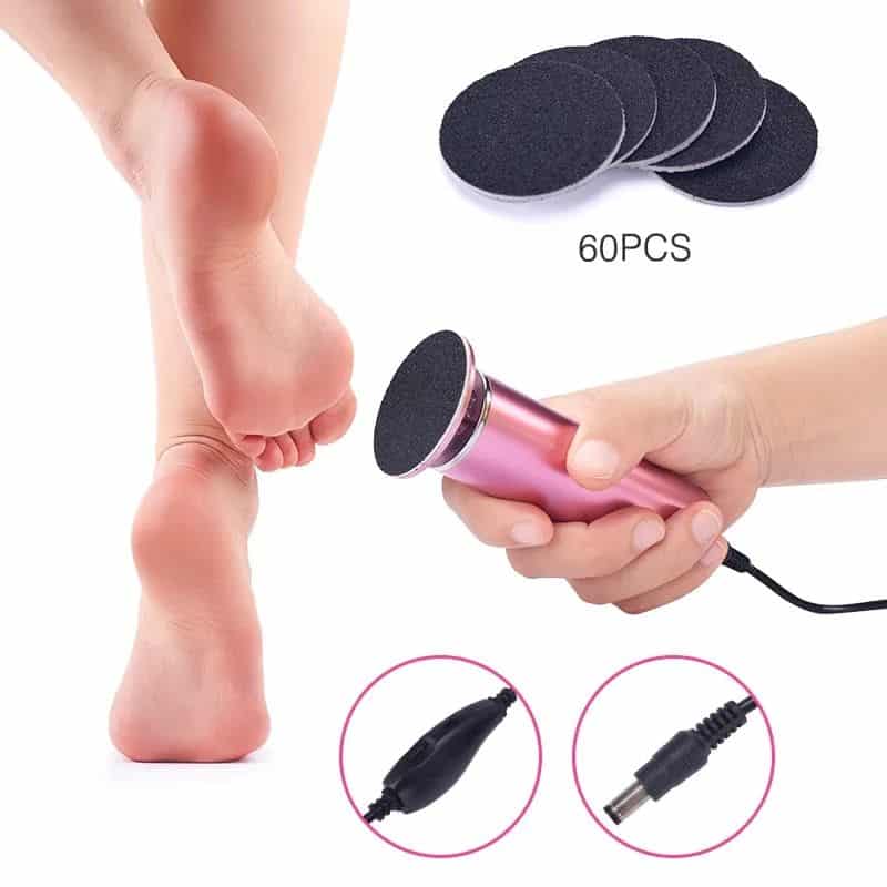 Professional foot callus remover with 60 replacement pads, electric foot grinder for callus removal, pedicure foot file, and exfoliating disc for smoother, healthier feet.