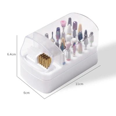 High-quality professional nail drill bits case for manicure and pedicure tools. Compact design ideal for salons or home use, with assorted polisher bits and storage tray for easy organization.
