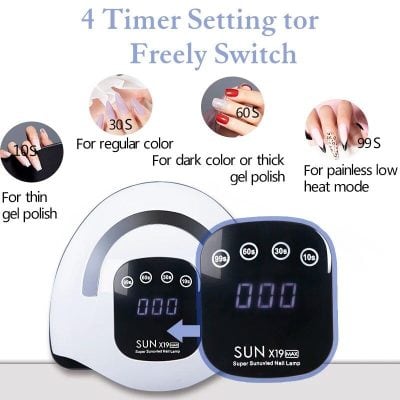 Efficient nail gel removal with 4 timer settings for flexible nail art, perfect for gel polish, thick gel, and low heat mode, ensuring salon-quality manicure care.