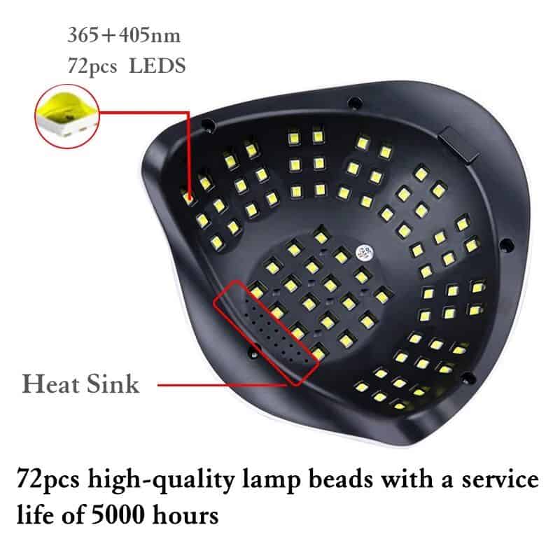 High-quality LED nail lamp for professional gel polish curing, featuring 72 durable LED beads with a 5000-hour lifespan, perfect for salon and home use.