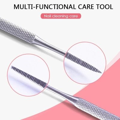 Multi-functional nail cleaning care tool for professional and at-home manicure routines. Durable stainless steel design with textured handle for easy use.