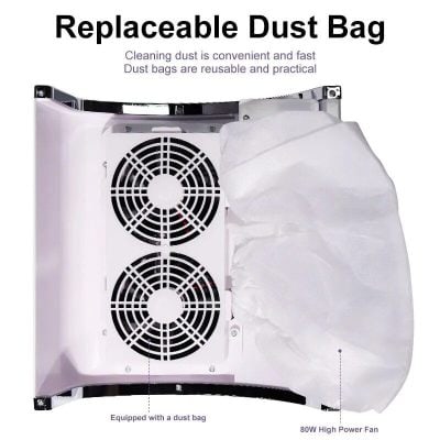 Efficient dust removal with replaceable dust bag for cleaning salons and clinics.
