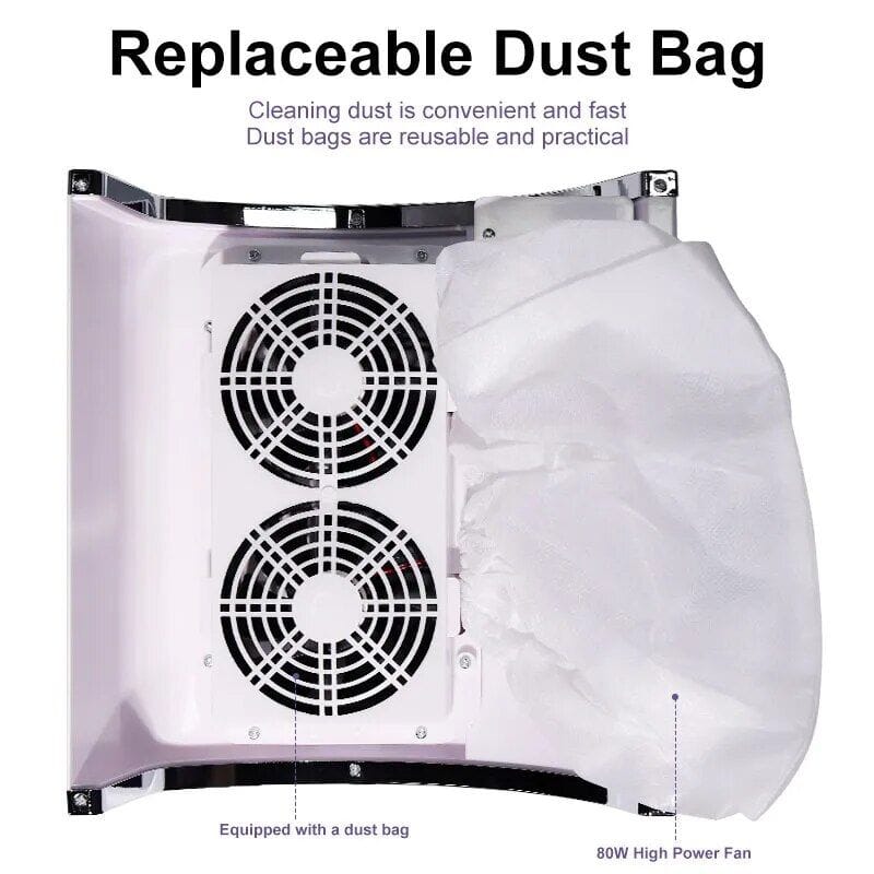 Efficient dust removal with replaceable dust bag for cleaning salons and clinics.