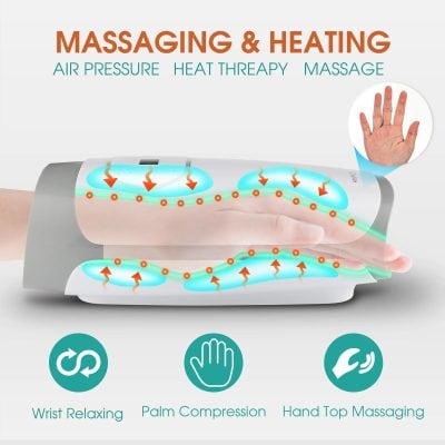 Hand and wrist massage device for pain relief, heat therapy, and relaxation treatment. Designed to reduce tension, improve circulation, and provide soothing comfort for joint and muscle pain.