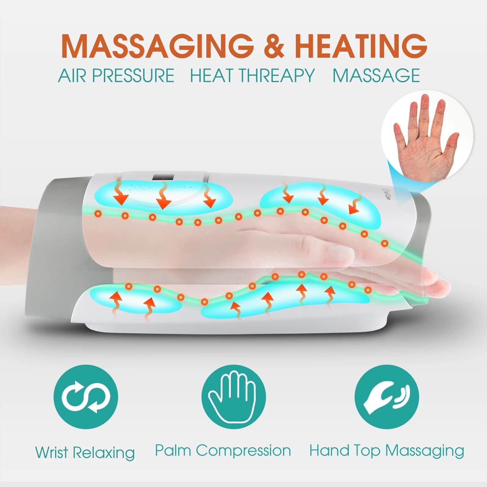 Hand and wrist massage device for pain relief, heat therapy, and relaxation treatment. Designed to reduce tension, improve circulation, and provide soothing comfort for joint and muscle pain.