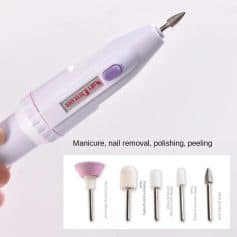Portable manicure, nail removal, polishing, and peeling device with various grinding heads for professional nail care.
