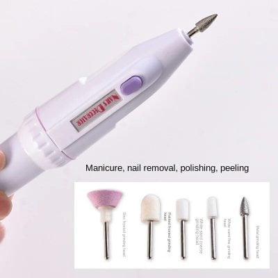 Portable manicure, nail removal, polishing, and peeling device with various grinding heads for professional nail care.