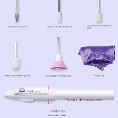 Precision electric nail drill with multiple grinding heads for professional manicures and pedicures. Includes storage bag for easy organization.