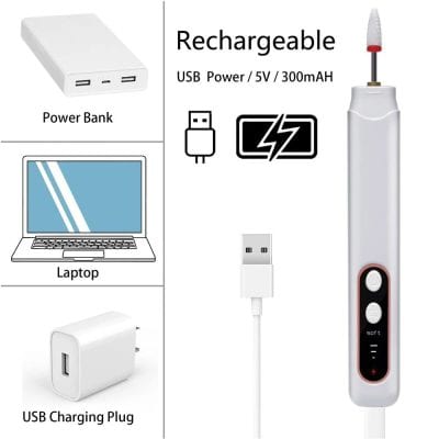Convenient rechargeable dental cleaning device with USB power, 5V/300mAh, compatible with power banks, laptops, and USB charging plugs for easy, on-the-go oral hygiene.