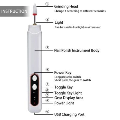High-quality nail drill with adjustable grinding head and LED light for efficient manicures and pedicures. Ideal for professional and home nail care.