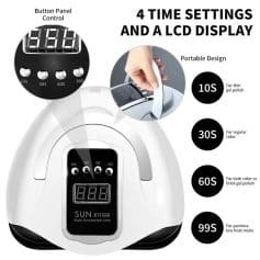 Versatile UV nail lamp with 4 timer settings, LCD display, and vibrant design ideal for gel nails; perfect for professional and home use.