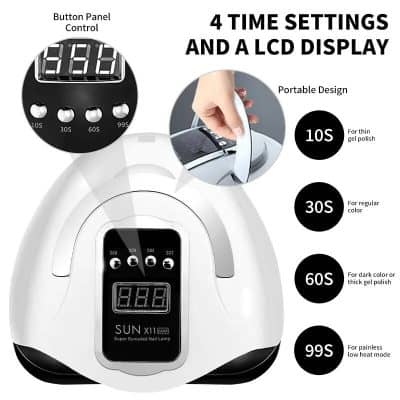Versatile UV nail lamp with 4 timer settings, LCD display, and vibrant design ideal for gel nails; perfect for professional and home use.