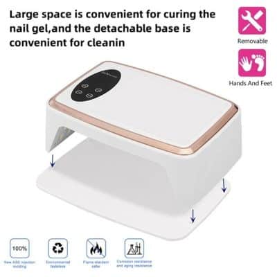 Nail dryer for professional use, USB powered, with large space for curing gel nails and detachable base for easy cleaning.
