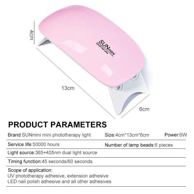 Portable UV LED phototherapy lamp for skincare and nail salons. Compact design, dual light source, 6 lamp beads, 50,000 hours lifespan, perfect for professional nail and beauty treatments.