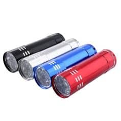 Bright LED flashlights in black, silver, blue, and red colors perfect for camping, emergencies, and outdoor activities. Durable, portable, and reliable lighting solutions for all your needs.