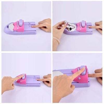 Stylish pink and purple mini stapler for office, school, or craft projects.